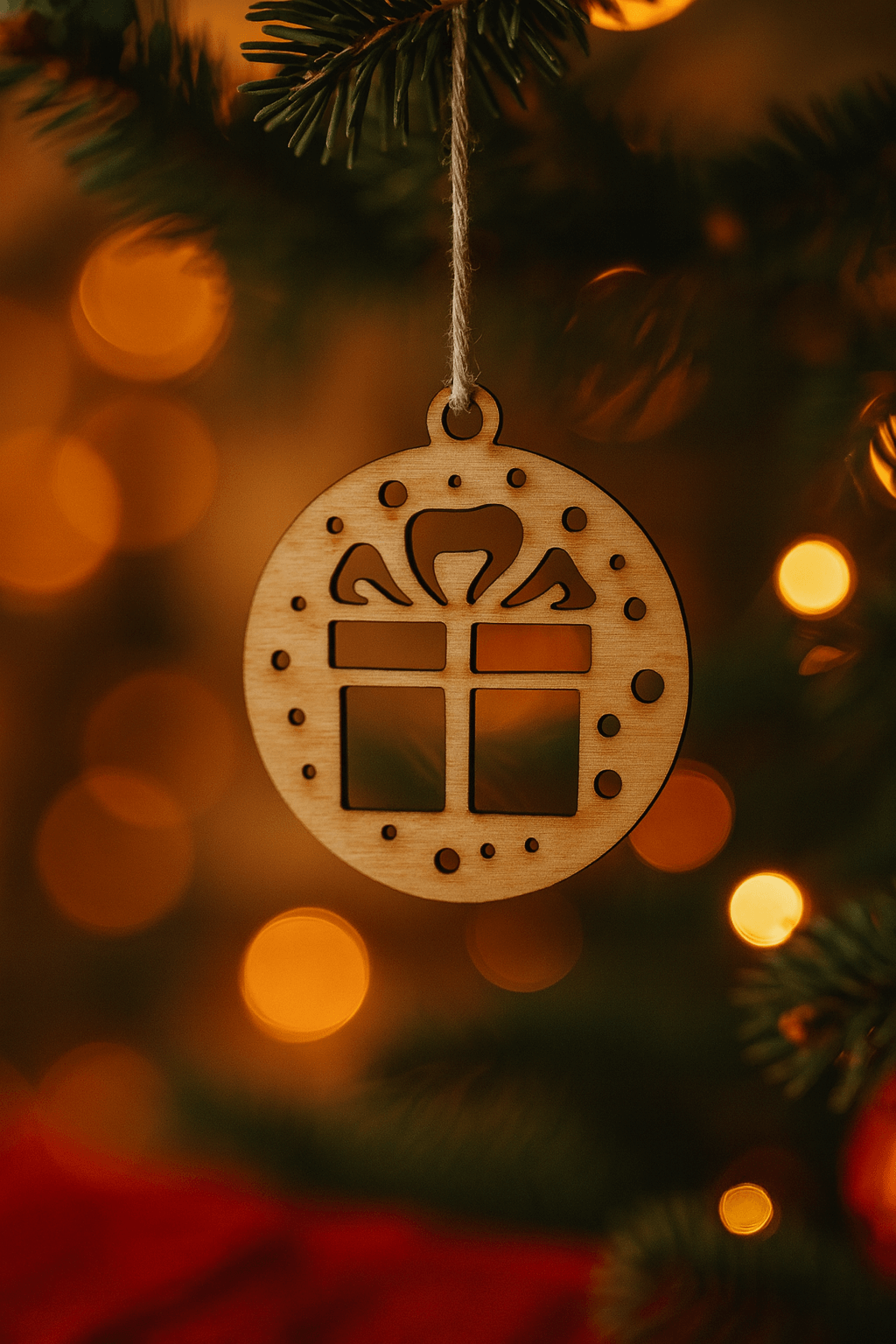 Wypalana ozdoba - Drewniana bombka z prezentem, zestaw 5 sztuk