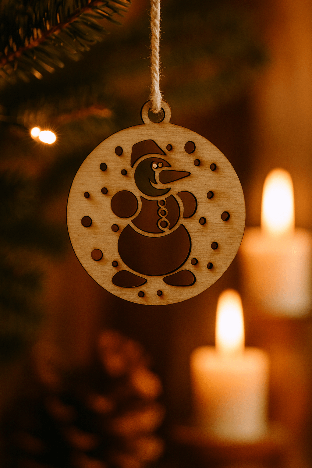 Wypalana ozdoba - drewniana bombka z bałwankiem, idealna na świąteczne dekoracje, zestaw 5 sztuk.